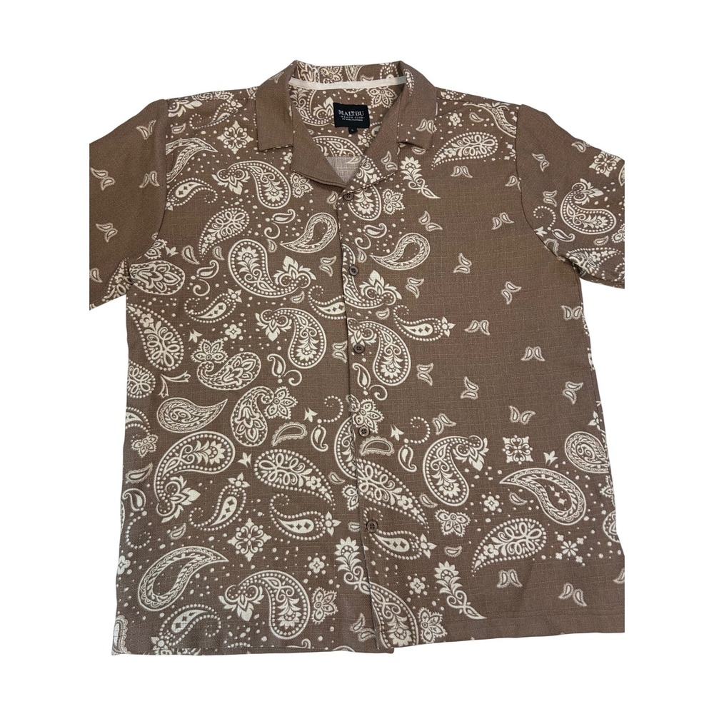 Malibu Beach Club Paisley Button Up Shirt Brown Bandana Print Y2K Men's Large